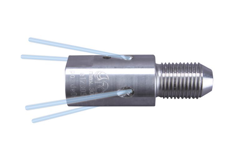 Boru Temizleme Nozzle 3000 bar, 9/16''unf-lh dış dişli x 9/16''unf-lh iç dişli, 4 x M4 iç dişli, 135°, stil 8, Ø20mm