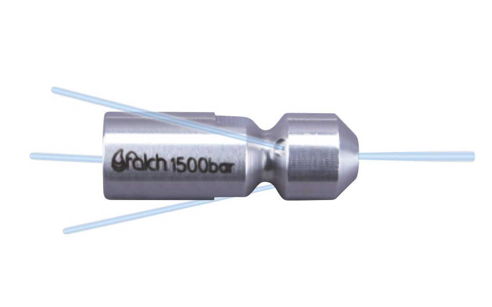 Drainclean 15, max. 45kW, 100-1500bar, 4,1-16l/min, max. 0 rpm, Ø:10mm/l:28mm, M7 i.th. thread, 4/2, 3x135°/0/0/1x0°, style: drilled, 018