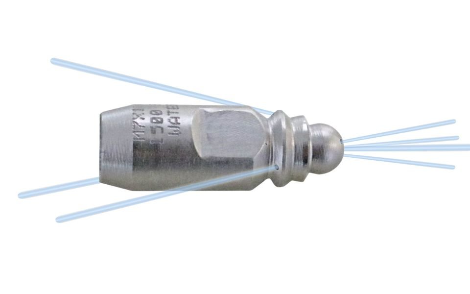 Drainclean 15, max. 160kW, 100-1500bar, 14,8-57l/min, max. 0 rpm, Ø:10mm/l:28mm, M7 i.th. thread, 7/3, 3x135°/0/3x15°/1x0°, style: drilled, 065